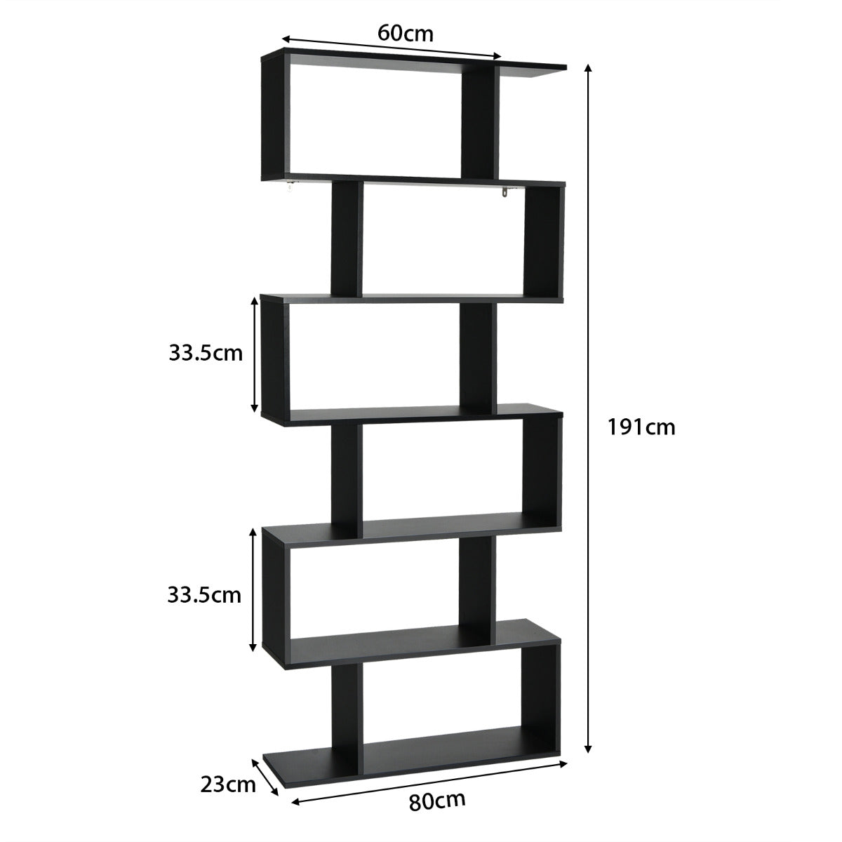 Librería de 6 Niveles Forma de S Estante de Libros de Madera Dispositivo Antivuelco Estantería para Estudio Salón Negro 80 x 23 x 191 cm