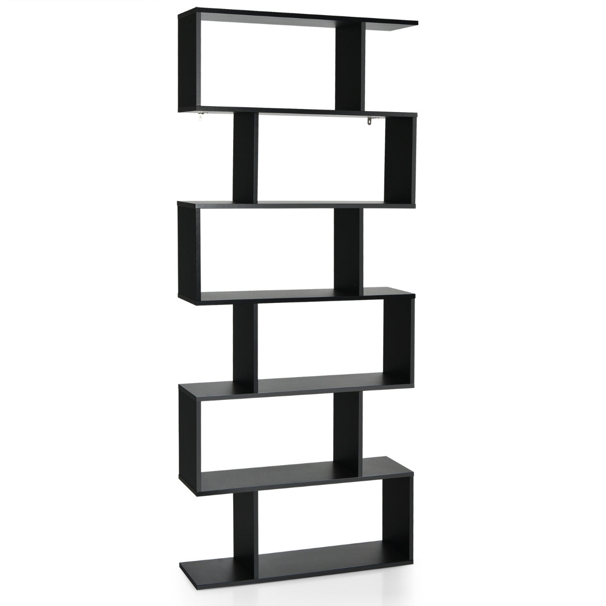 Librería de 6 Niveles Forma de S Estante de Libros de Madera Dispositivo Antivuelco Estantería para Estudio Salón Negro 80 x 23 x 191 cm