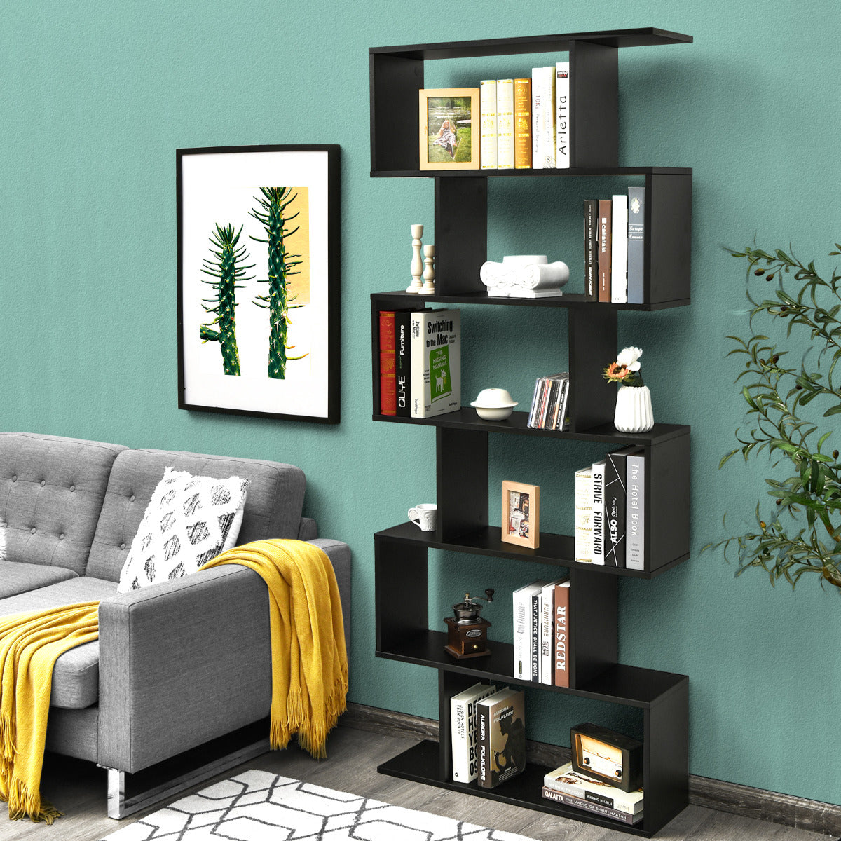 Librería de 6 Niveles Forma de S Estante de Libros de Madera Dispositivo Antivuelco Estantería para Estudio Salón Negro 80 x 23 x 191 cm