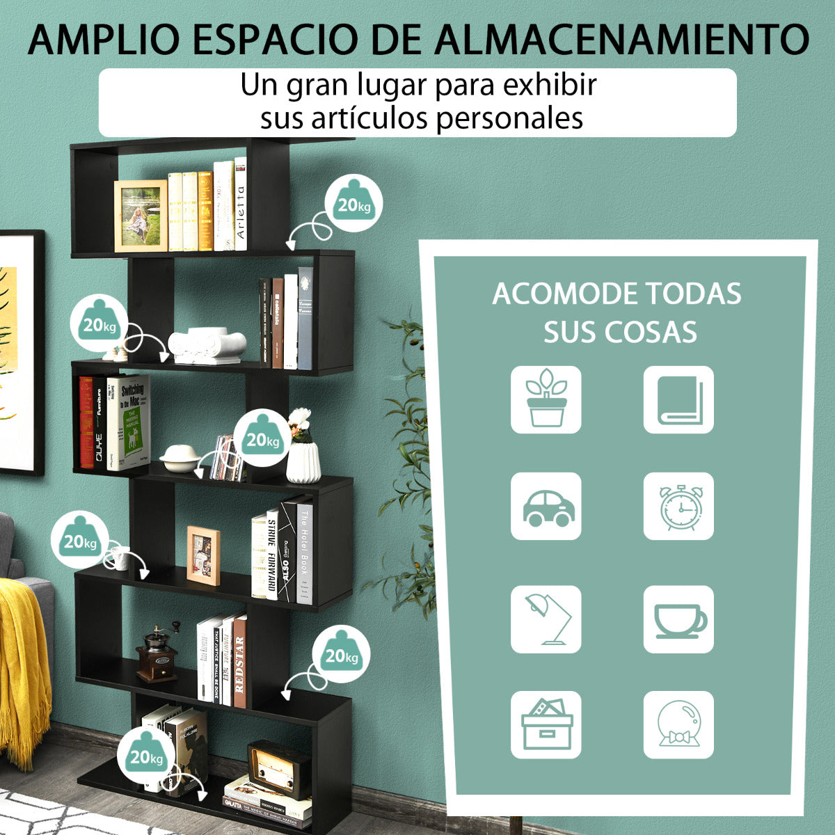 Librería de 6 Niveles Forma de S Estante de Libros de Madera Dispositivo Antivuelco Estantería para Estudio Salón Negro 80 x 23 x 191 cm
