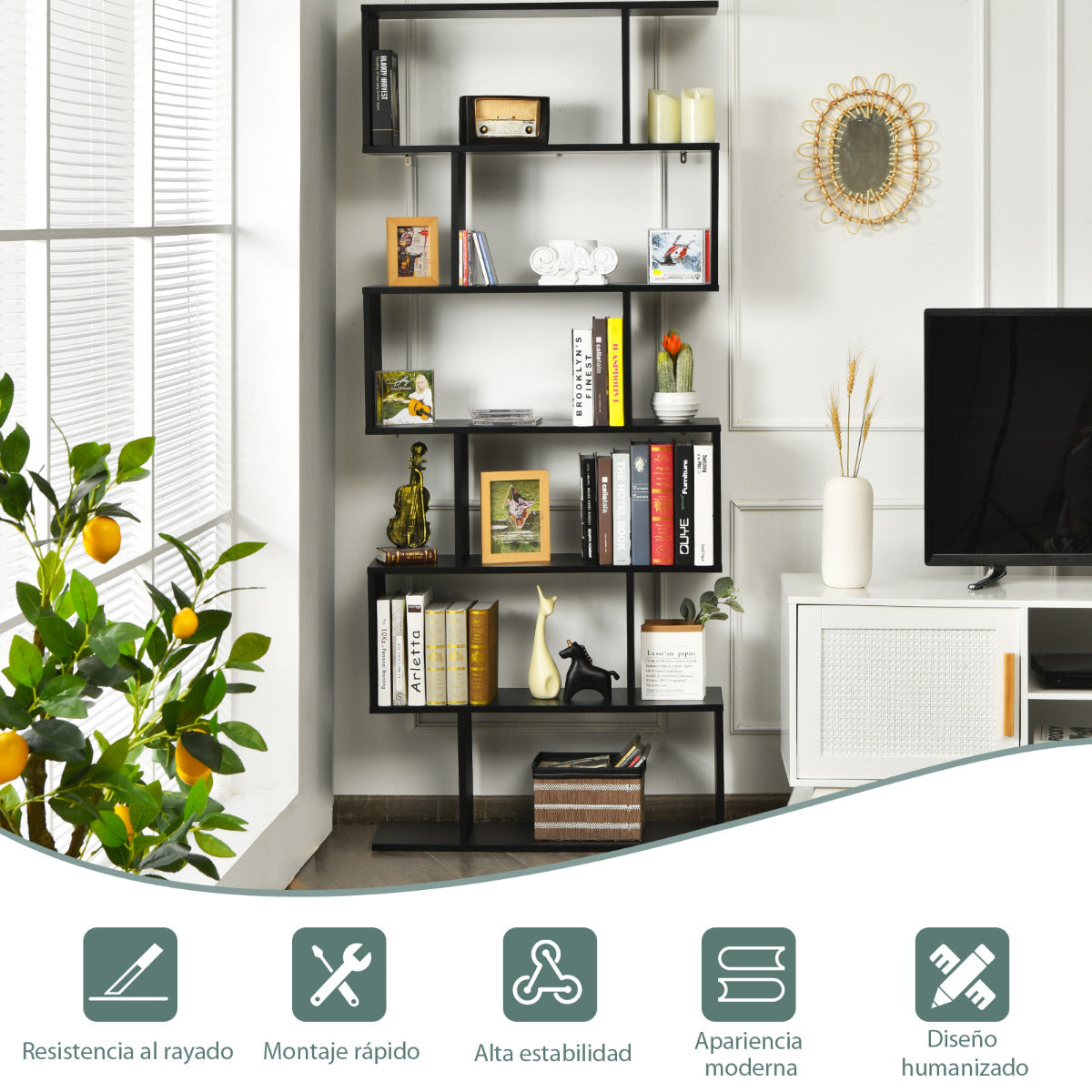 Librería de 6 Niveles Forma de S Estante de Libros de Madera Dispositivo Antivuelco Estantería para Estudio Salón Negro 80 x 23 x 191 cm