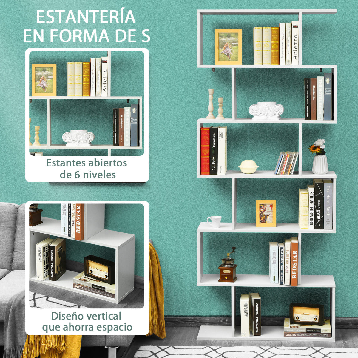 Librería de 6 Niveles Forma de S Estante de Libros Dispositivo Antivuelco Estantería Expositor para Estudio Salón Blanco 80 x 23 x 191 cm