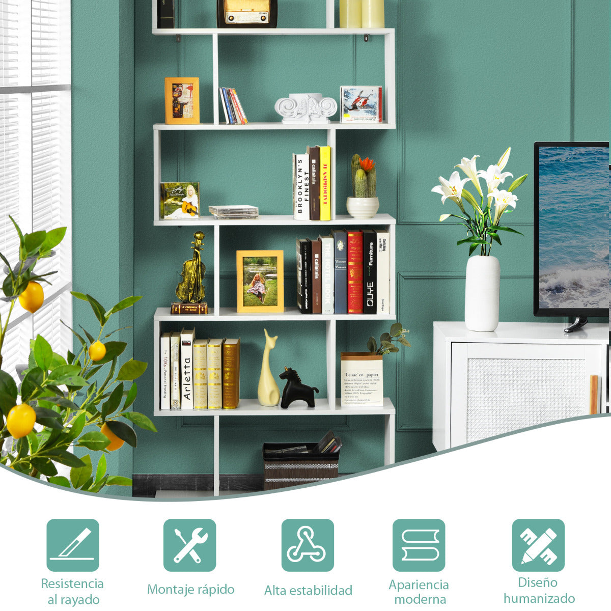 Librería de 6 Niveles Forma de S Estante de Libros Dispositivo Antivuelco Estantería Expositor para Estudio Salón Blanco 80 x 23 x 191 cm