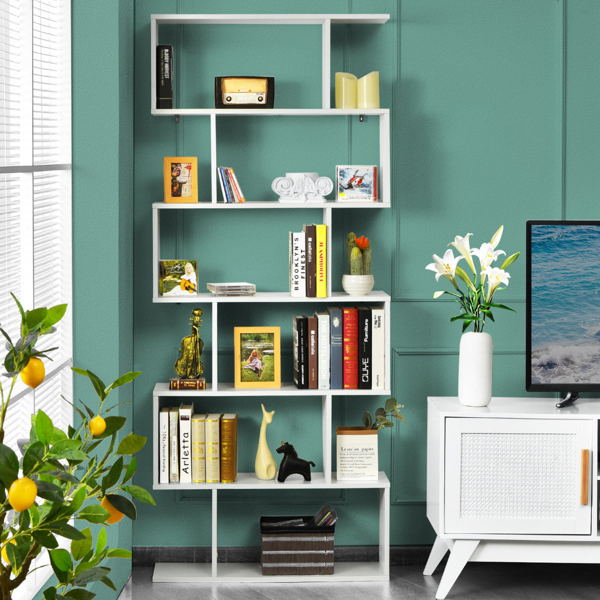 Librería de 6 Niveles Forma de S Estante de Libros Dispositivo Antivuelco Estantería Expositor para Estudio Salón Blanco 80 x 23 x 191 cm
