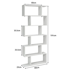 Librería de 6 Niveles Forma de S Estante de Libros Dispositivo Antivuelco Estantería Expositor para Estudio Salón Blanco 80 x 23 x 191 cm