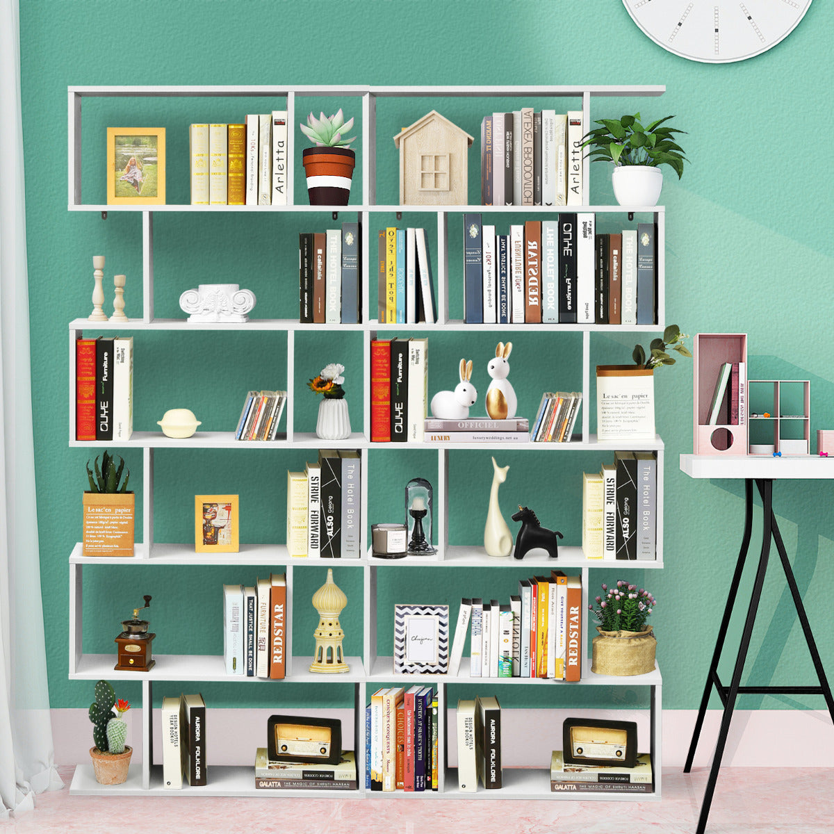 Librería de 6 Niveles Forma de S Estante de Libros Dispositivo Antivuelco Estantería Expositor para Estudio Salón Blanco 80 x 23 x 191 cm