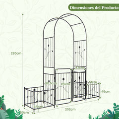 Cenador de Jardín de 220 cm Enrejado Arqueado de Arco de Metal con Cerradura Enrejado Maceteros Laterales para Plantas Trepadoras Negro