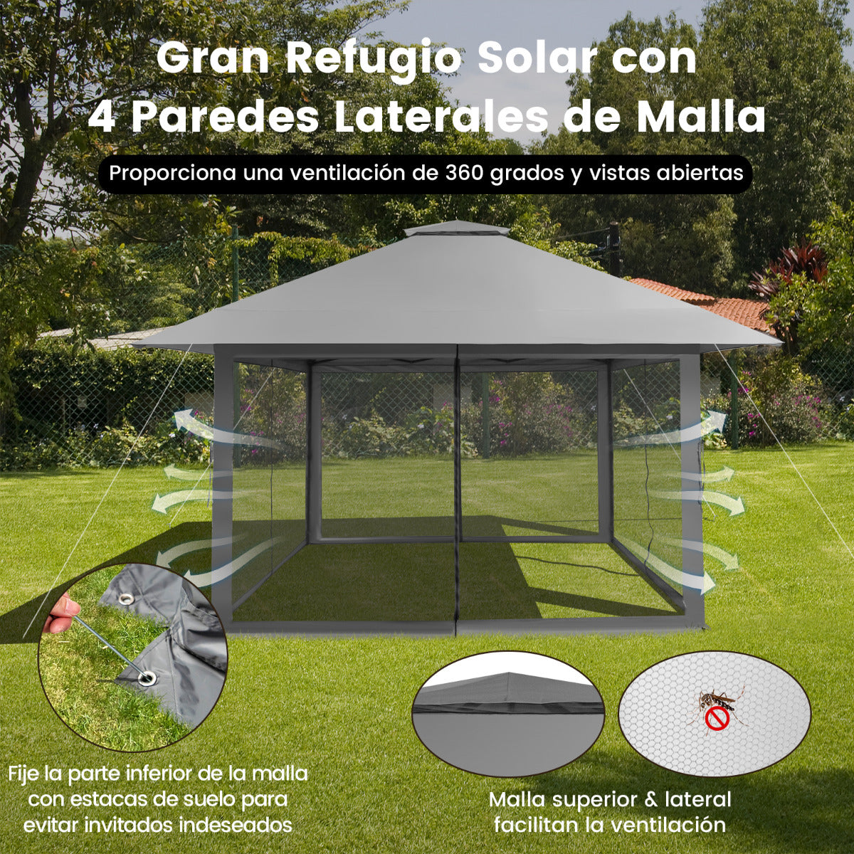 Cenador Plegable 4 x 4 m con Mosquiteras Altura Ajustable Doble Techo Protección Solar Portátil para Jardín Patio Terraza Gris