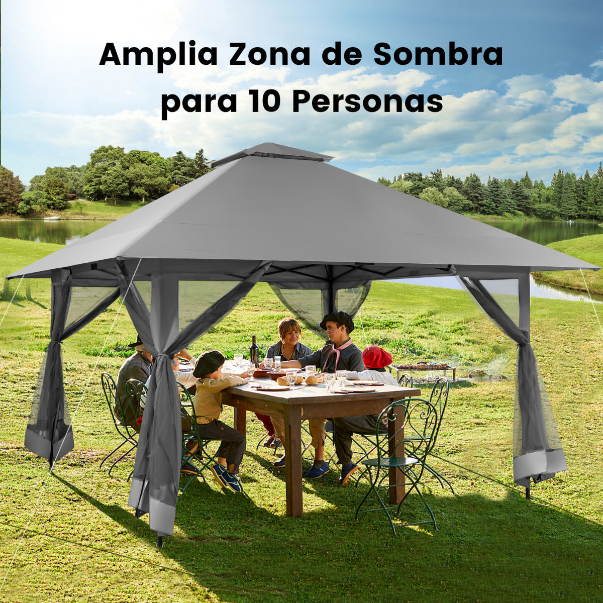 Cenador Plegable 4 x 4 m con Mosquiteras Altura Ajustable Doble Techo Protección Solar Portátil para Jardín Patio Terraza Gris