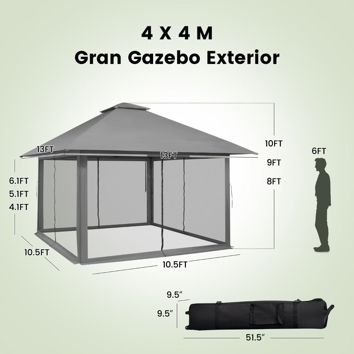 Cenador Plegable 4 x 4 m con Mosquiteras Altura Ajustable Doble Techo Protección Solar Portátil para Jardín Patio Terraza Gris