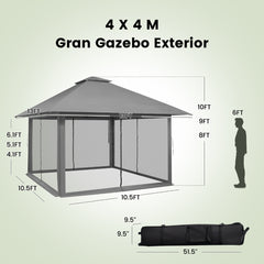 Cenador Plegable 4 x 4 m con Mosquiteras Altura Ajustable Doble Techo Protección Solar Portátil para Jardín Patio Terraza Gris