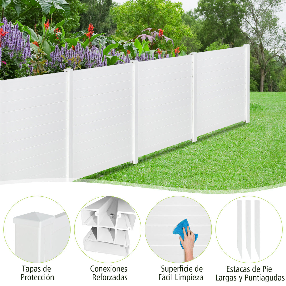 Cerca de Exterior Panel en PVC con 3 Palos Forma de Cúspide 2 Paneles para Jardín y Patio Decorativa Expandible 123 x 123 x 124 cm Blanco