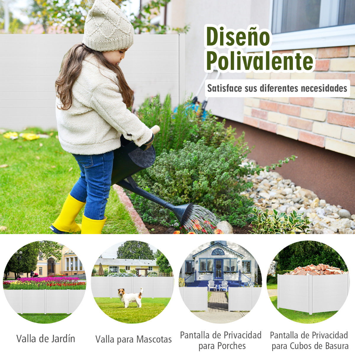 Cerca de Exterior Panel en PVC con 3 Palos Forma de Cúspide 2 Paneles para Jardín y Patio Decorativa Expandible 123 x 123 x 124 cm Blanco