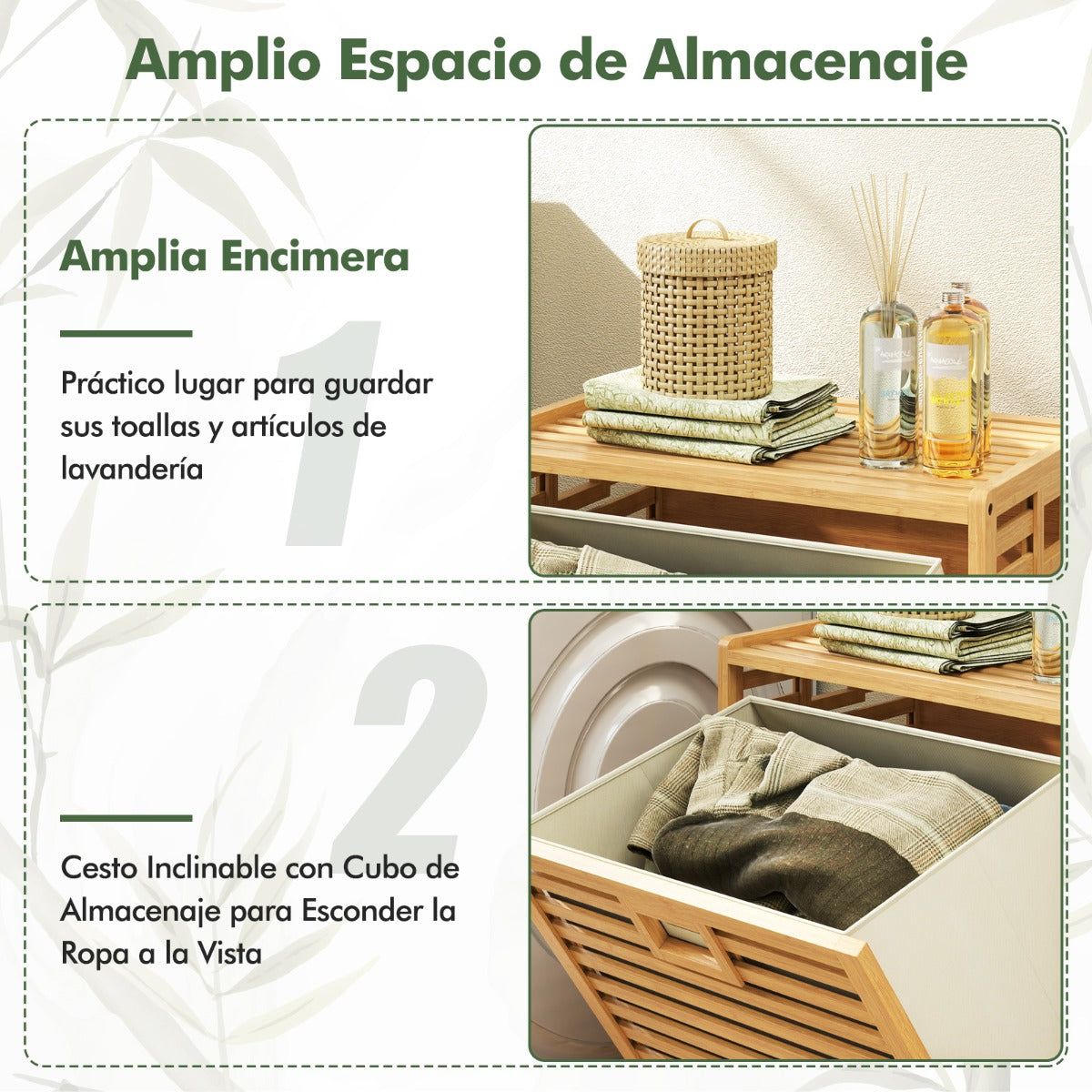 Cesta de Bambú de 68 L con Contenedor de Tela Extraíble y Plegable 50 x 35 x 64 cm Natural