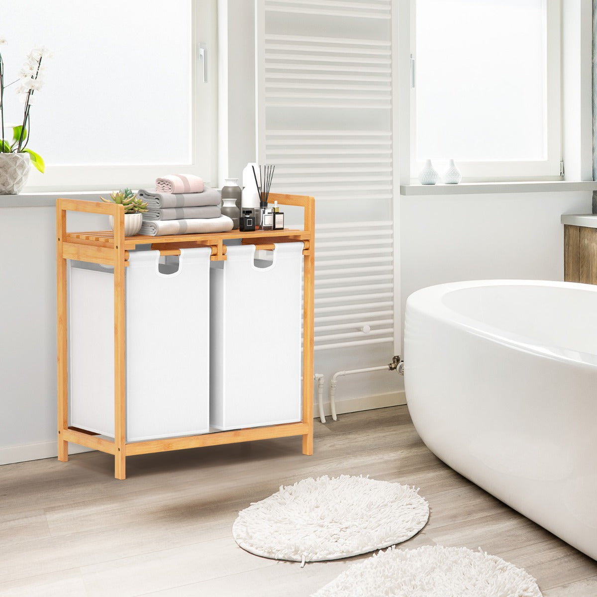 Cesta de Ropa Sucia de Bambú Doble Compartimiento Organizador con Bolsas Removibles para Lavandería Baño 64 x 33 x 73 cm Blanco
