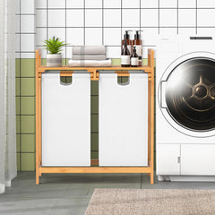 Cesta de Ropa Sucia de Bambú Doble Compartimiento Organizador con Bolsas Removibles para Lavandería Baño 64 x 33 x 73 cm Blanco