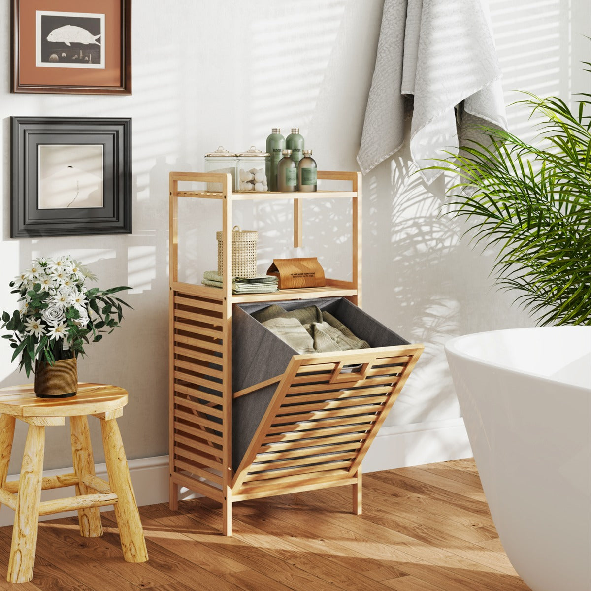 Cesta de Ropa con Sistema Inclinado Armario de Bambú con Cesta Plegable y Removible 43,5 x 33 x 96 cm Natural
