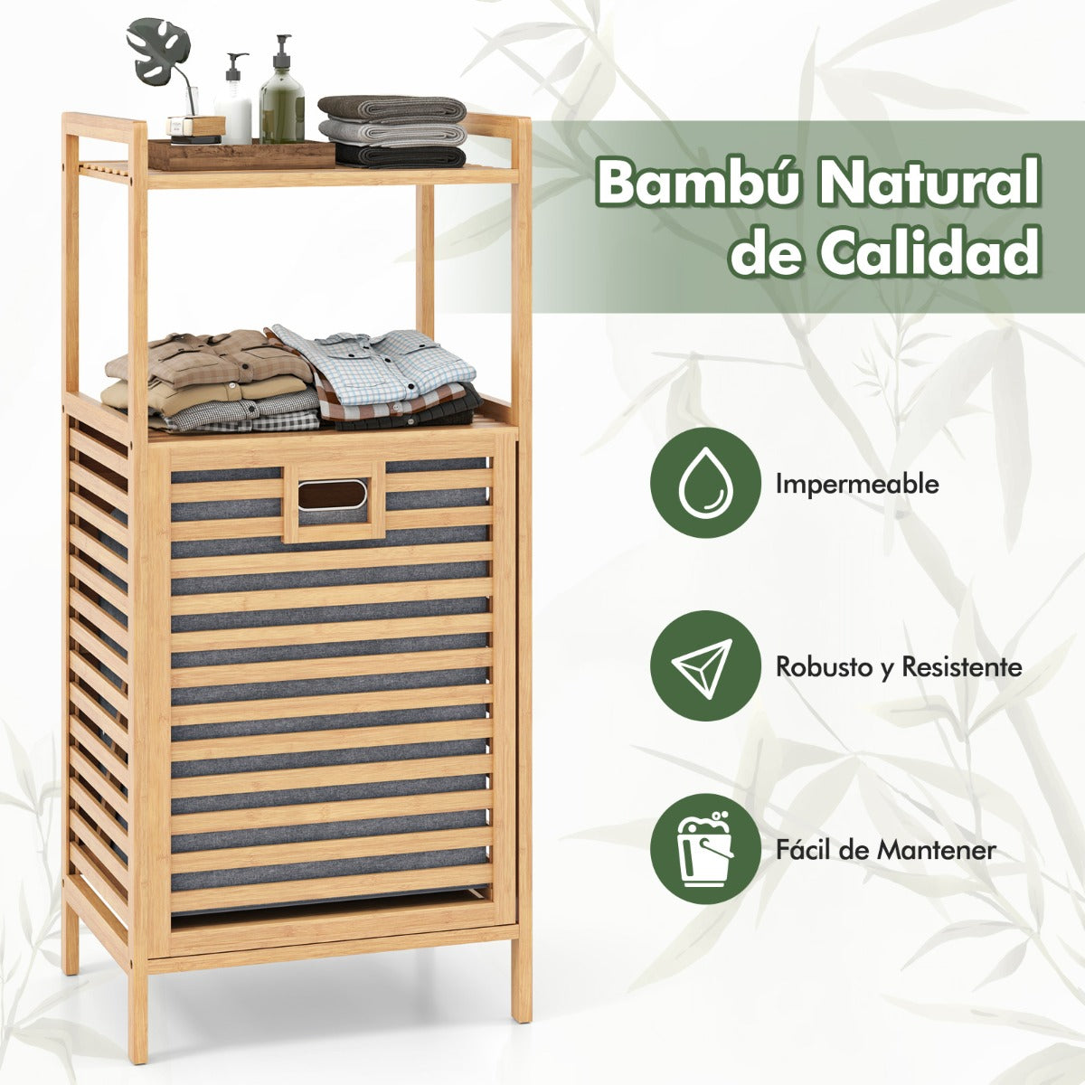 Cesta de Ropa con Sistema Inclinado Armario de Bambú con Cesta Plegable y Removible 43,5 x 33 x 96 cm Natural