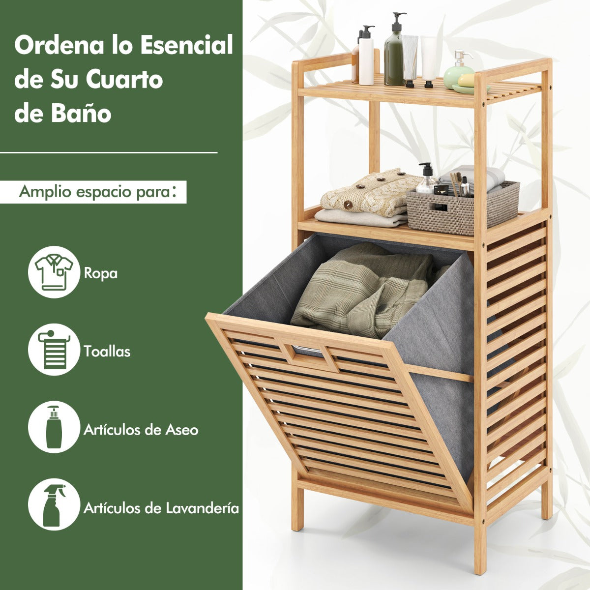 Cesta de Ropa con Sistema Inclinado Armario de Bambú con Cesta Plegable y Removible 43,5 x 33 x 96 cm Natural