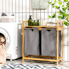 Cesta de Ropa Sucia de Bambú Doble Compartimiento Organizador con Bolsas Removibles para Lavandería Baño 64 x 33 x 73 cm Natural