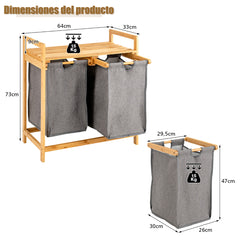 Cesta de Ropa Sucia de Bambú Doble Compartimiento Organizador con Bolsas Removibles para Lavandería Baño 64 x 33 x 73 cm Natural