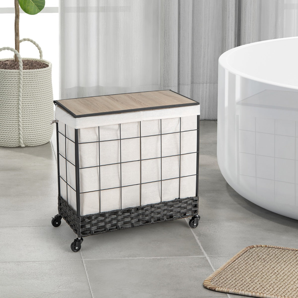 Cesto de 130 L Clasificador de Ropa de Metal para Ropa Sucia con Ruedas Traba Tapa de Madera Bolsa de Forro Extraíble Dividida Negro