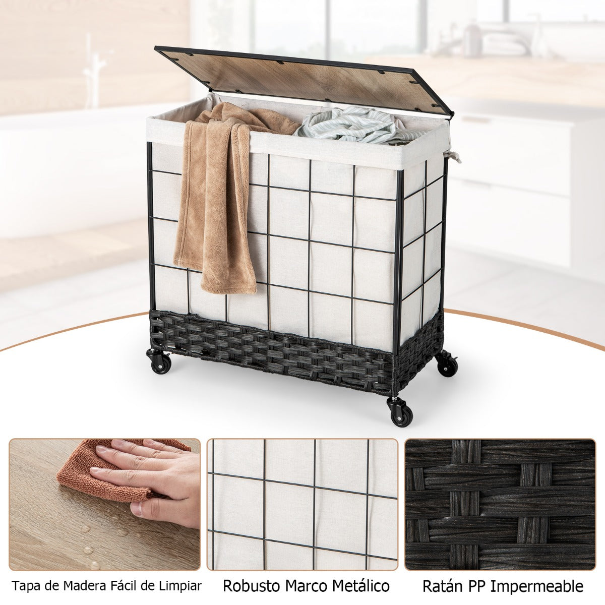 Cesto de 130 L Clasificador de Ropa de Metal para Ropa Sucia con Ruedas Traba Tapa de Madera Bolsa de Forro Extraíble Dividida Negro
