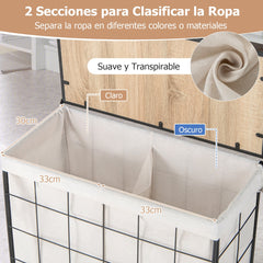 Cesto de 130 L Clasificador de Ropa de Metal para Ropa Sucia con Ruedas Traba Tapa de Madera Bolsa de Forro Extraíble Dividida Negro