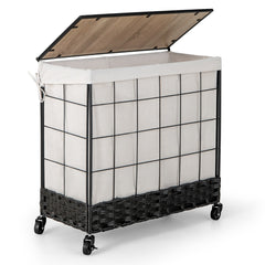 Cesto de 130 L Clasificador de Ropa de Metal para Ropa Sucia con Ruedas Traba Tapa de Madera Bolsa de Forro Extraíble Dividida Negro