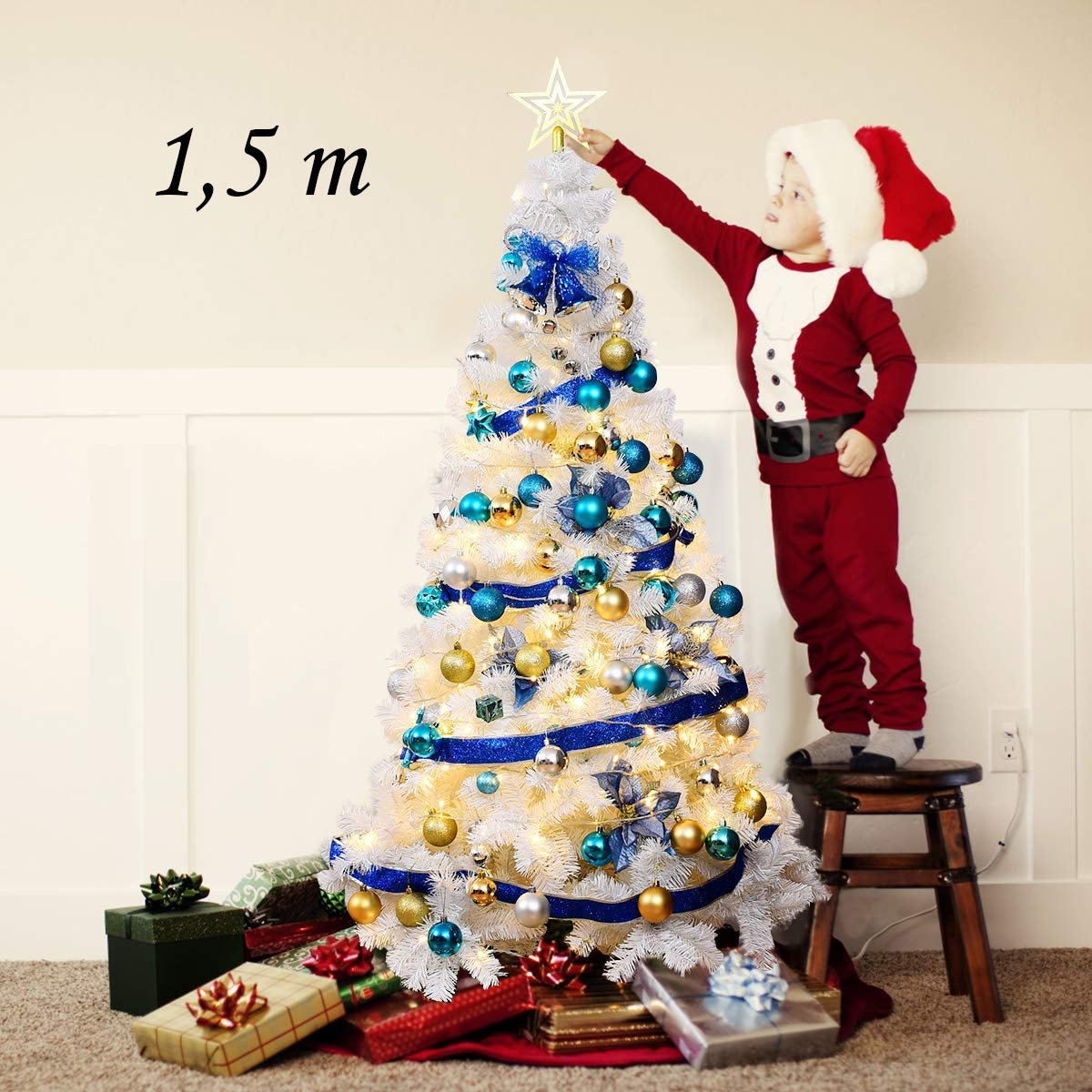 150cm Árbol de Navidad Artificial Blanco con Base Metálica Material PVC Decoración para Fiesta