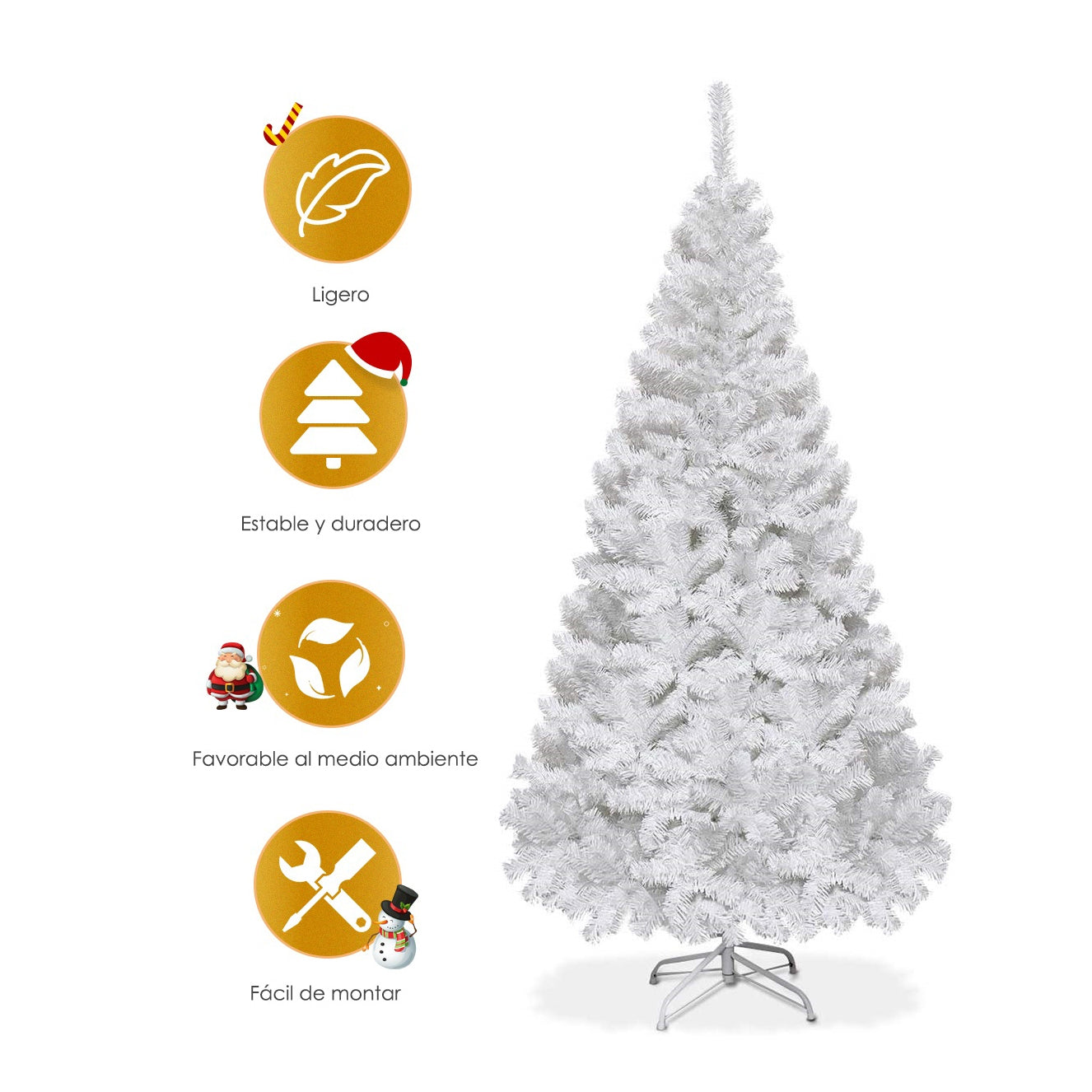 180cm Árbol de Navidad Artificial Blanco con Base Metálica Material PVC Decoración para Fiesta