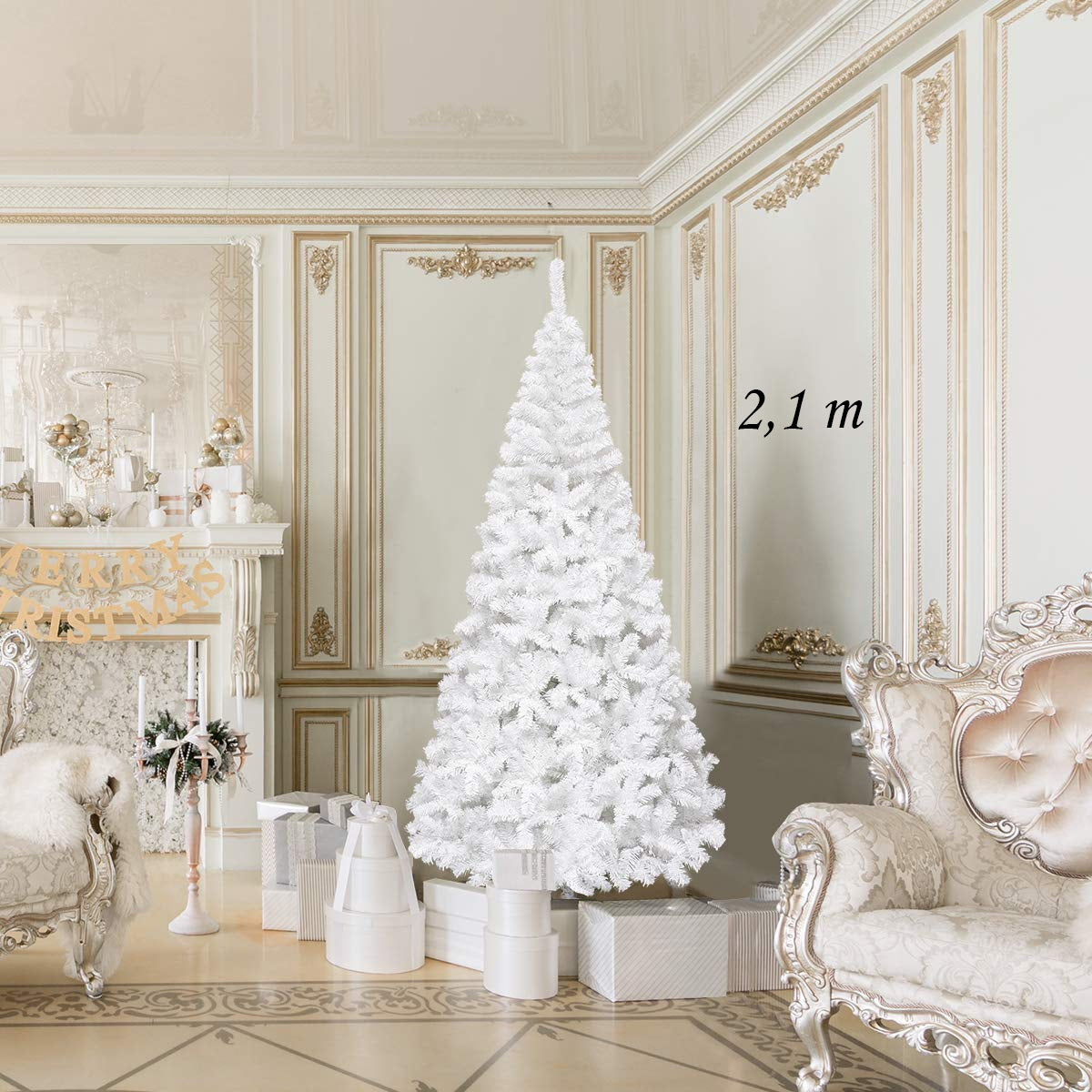 210cm Árbol de Navidad Artificial Blanco con Base Metálica Material PVC Decoración para Fiesta