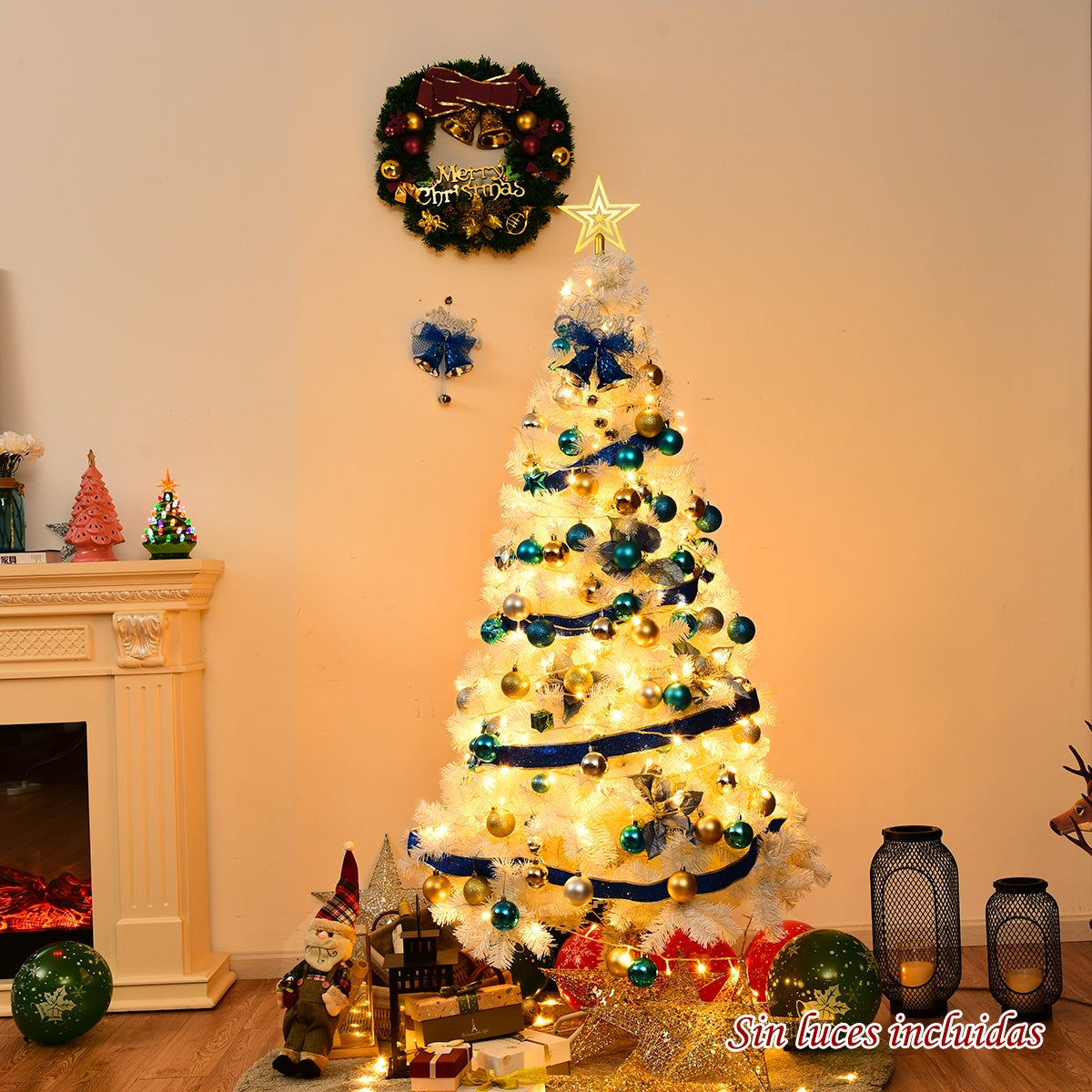 210cm Árbol de Navidad Artificial Blanco con Base Metálica Material PVC Decoración para Fiesta