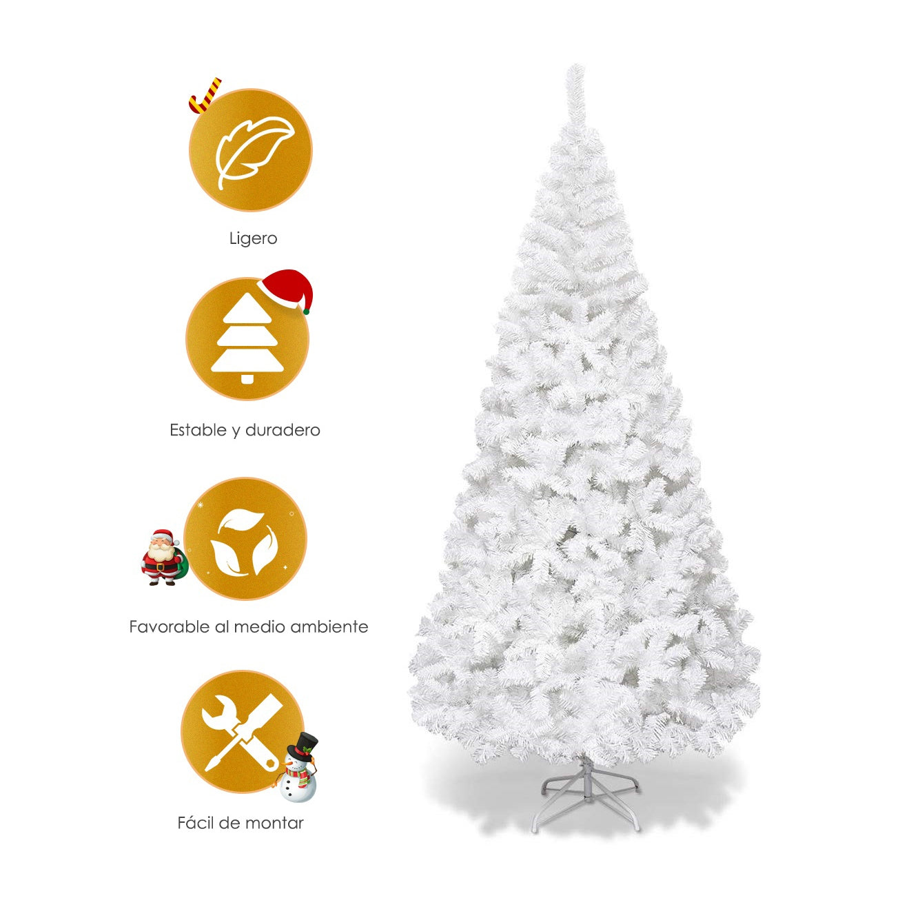 210cm Árbol de Navidad Artificial Blanco con Base Metálica Material PVC Decoración para Fiesta