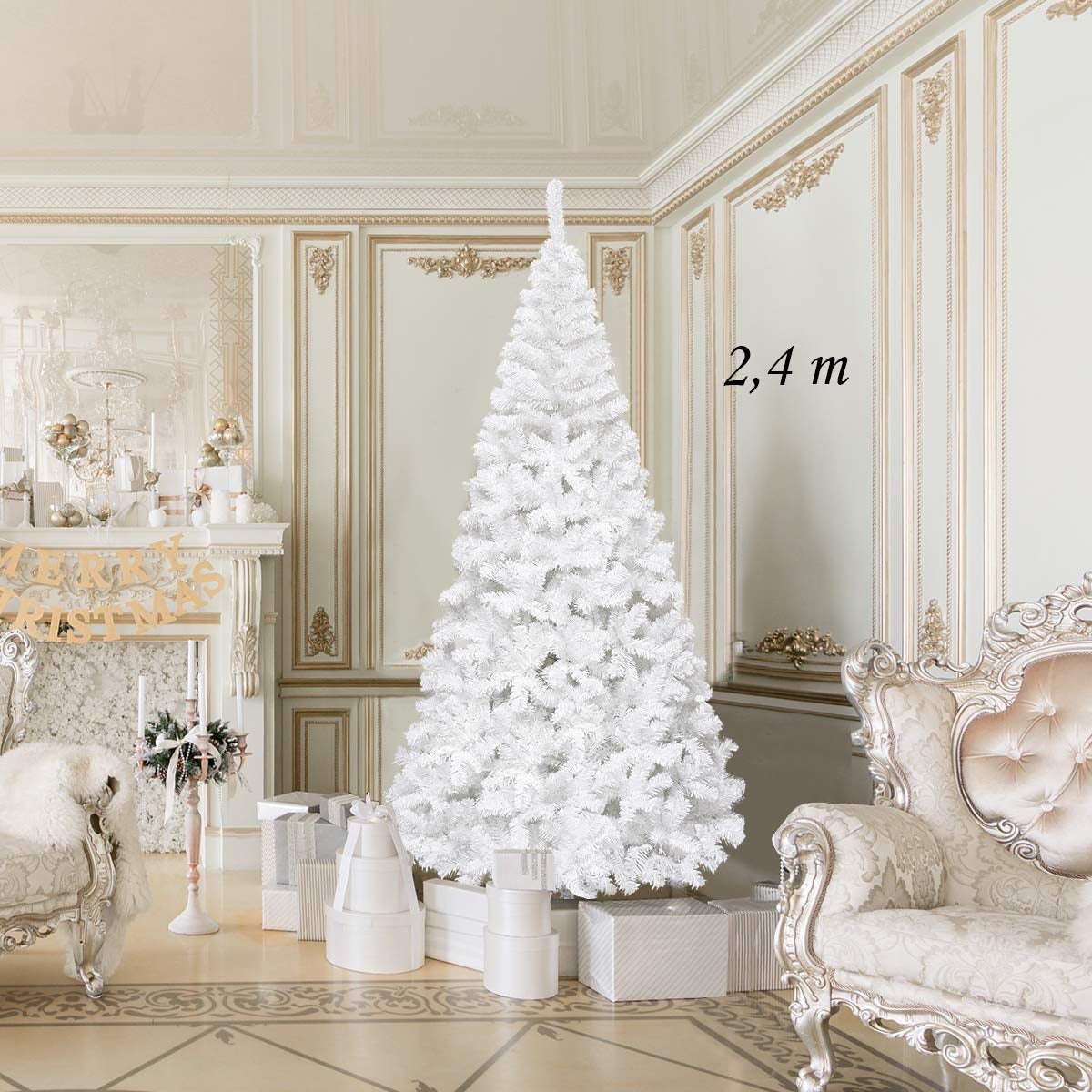 240cm Árbol de Navidad Artificial Blanco con Base Metálica Material PVC Decoración para Fiesta