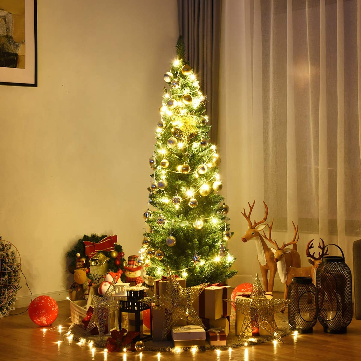 180cm Árbol de Navidad Artificial Lápiz con 400 Puntas de Rama PVC Ignífuga Soporte de Metal Fácil de Montar Verde