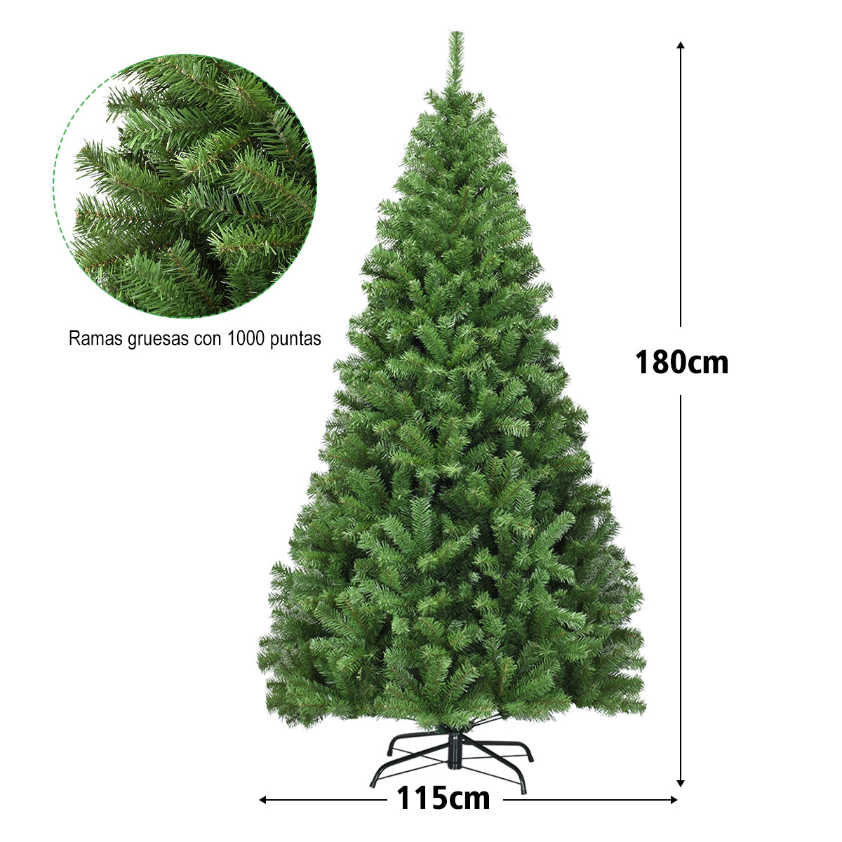 1,8m Árbol de Navidad con 1000 Ramas Bisagras y Base de Metal Resistente Ideal para Casa Oficina Tiendas Hoteles