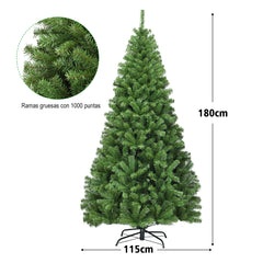 1,8m Árbol de Navidad con 1000 Ramas Bisagras y Base de Metal Resistente Ideal para Casa Oficina Tiendas Hoteles