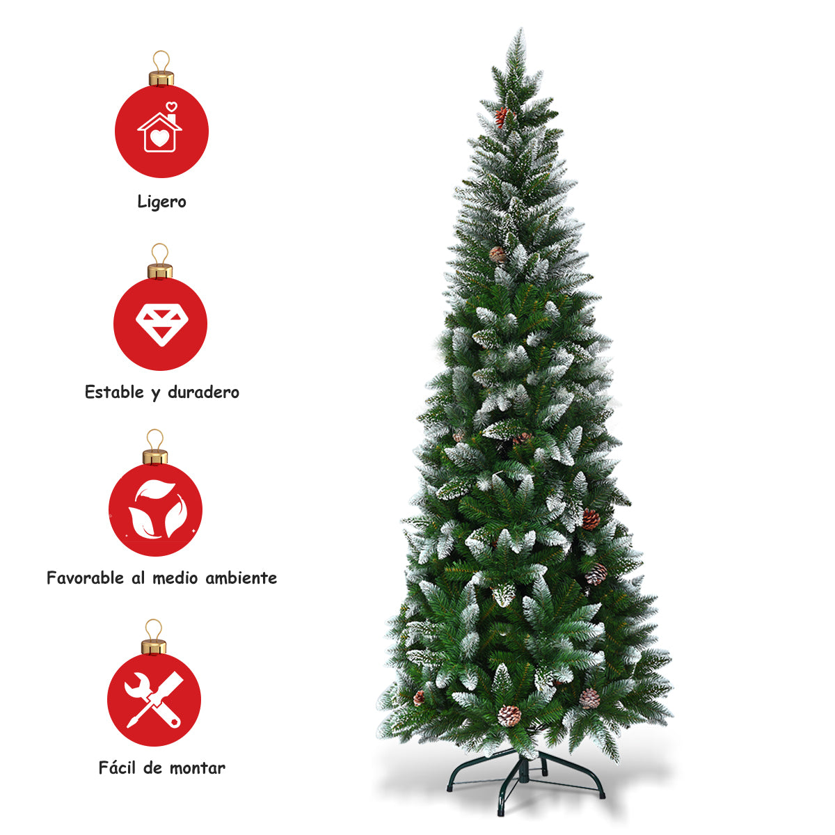 2,2m Árbol de Navidad con 720 Ramas con Agujas en PVC de Alta Calidad y Base de Metal Resistente Verde