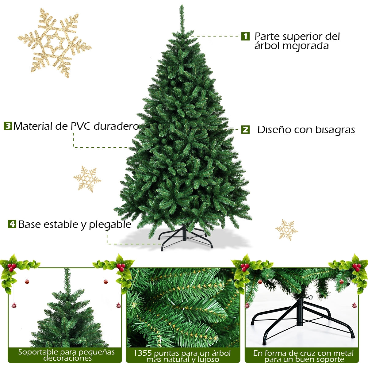 1,8m Árbol de Navidad Árbol Artificial con Base en Metal Resistente Plegable Árbol en PVC para fiesta casa Mercados Verde