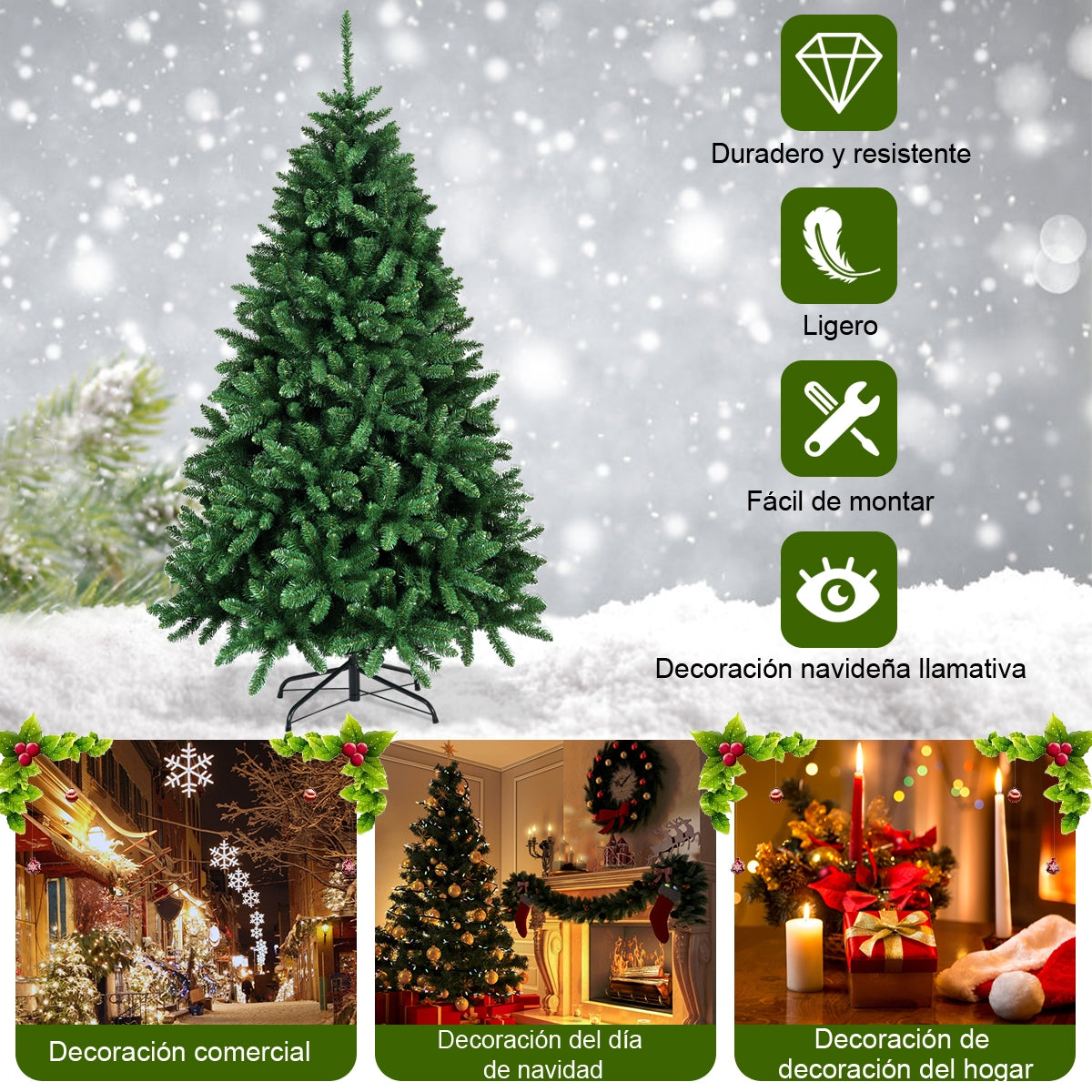 1,8m Árbol de Navidad Árbol Artificial con Base en Metal Resistente Plegable Árbol en PVC para fiesta casa Mercados Verde