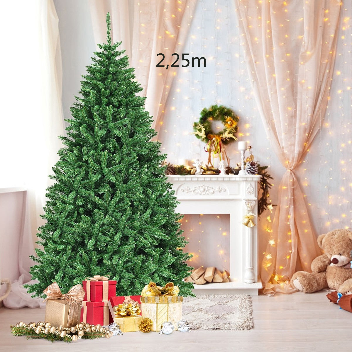 2,25m Árbol de Navidad Abeto Artificial No Iluminado con Base Plegable de Metal Decoración para Casa Oficina
