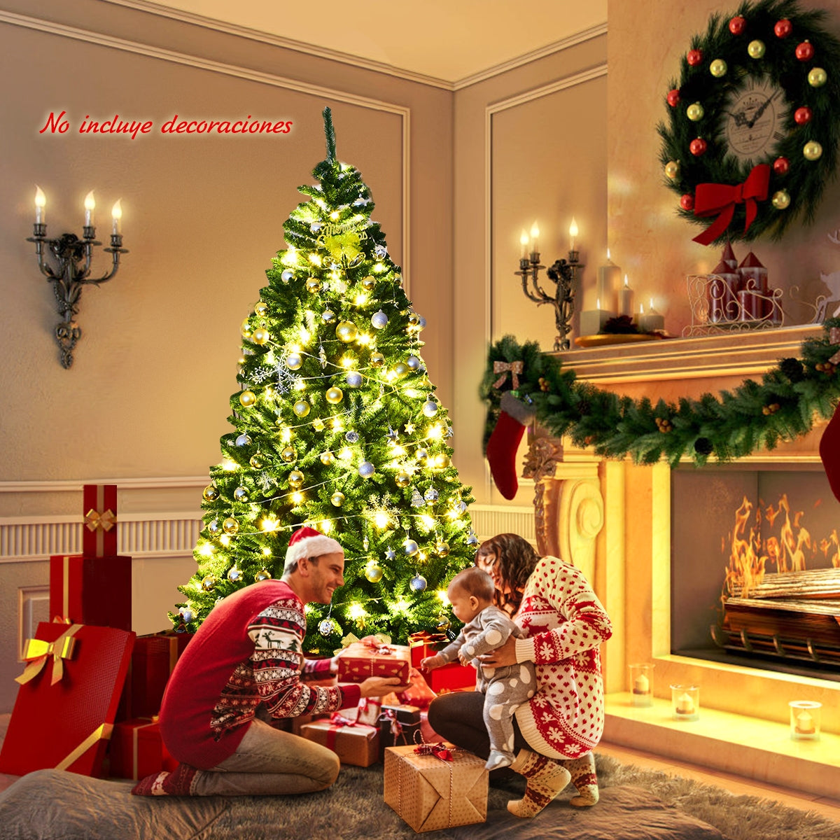 2,25m Árbol de Navidad Abeto Artificial No Iluminado con Base Plegable de Metal Decoración para Casa Oficina