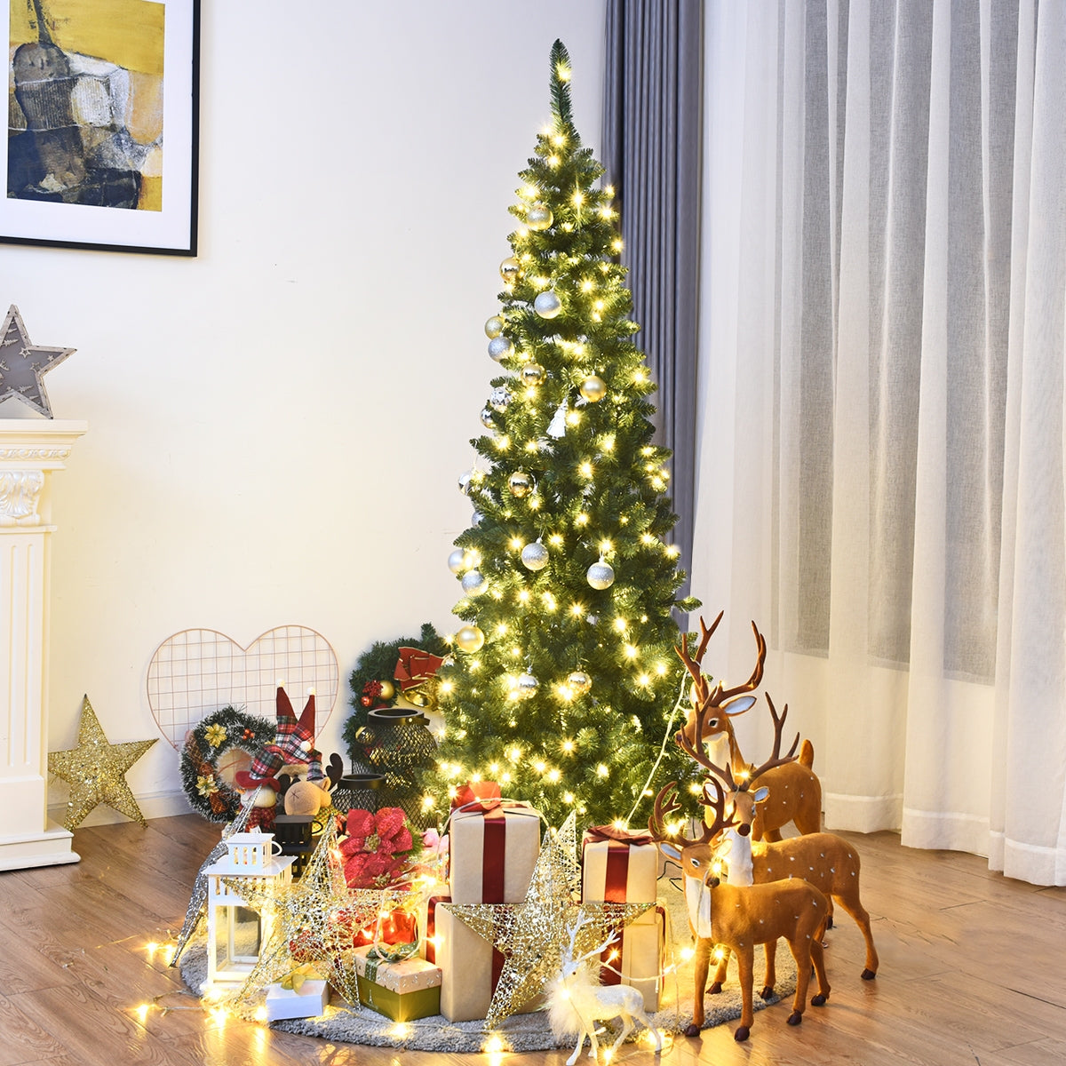2m Árbol de Navidad Estrecho con 250 Luces LED Blanco Cálido Incorporadas Agujas en PVC de 708 Ramas Base de Metal para Hogar Interior
