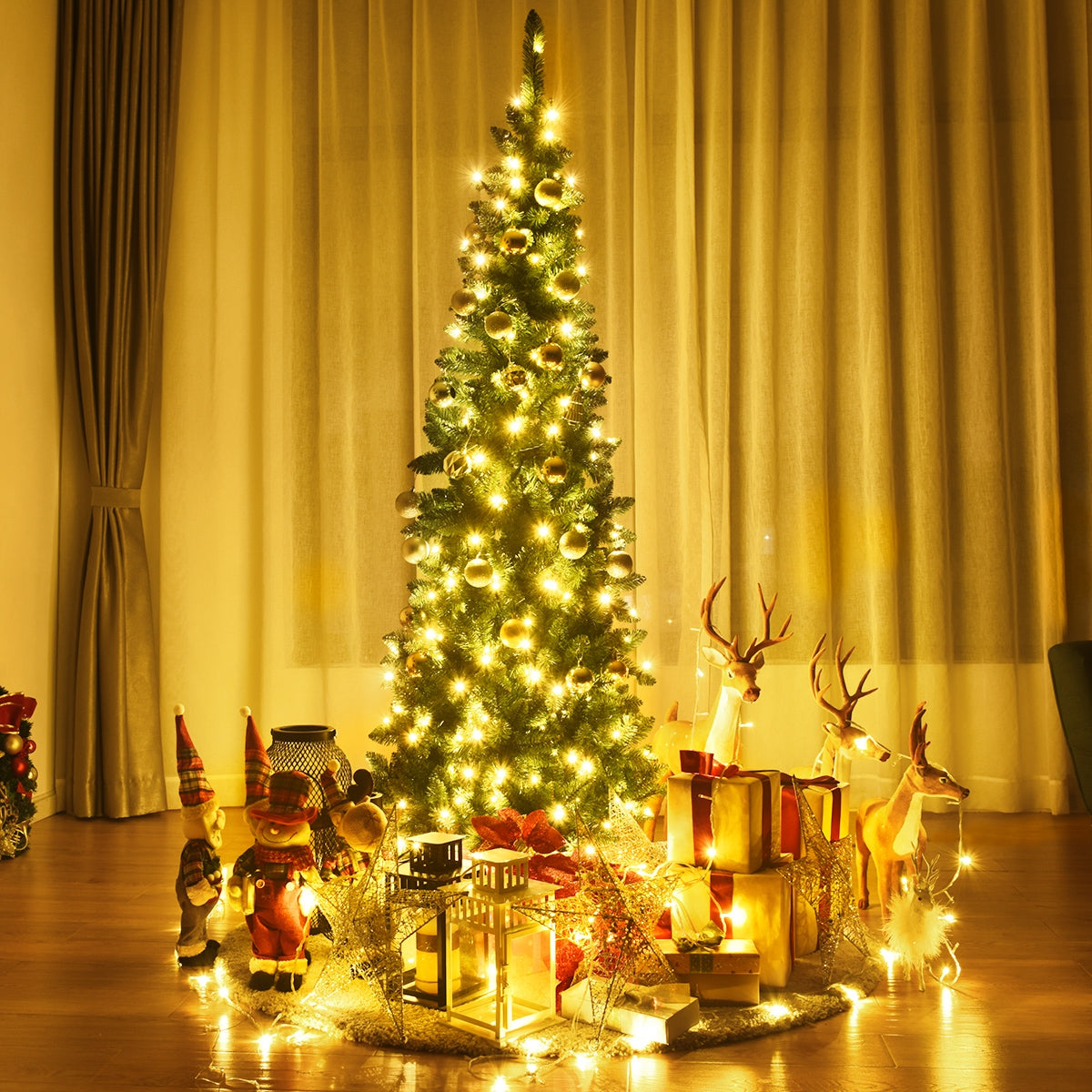 2m Árbol de Navidad Estrecho con 250 Luces LED Blanco Cálido Incorporadas Agujas en PVC de 708 Ramas Base de Metal para Hogar Interior