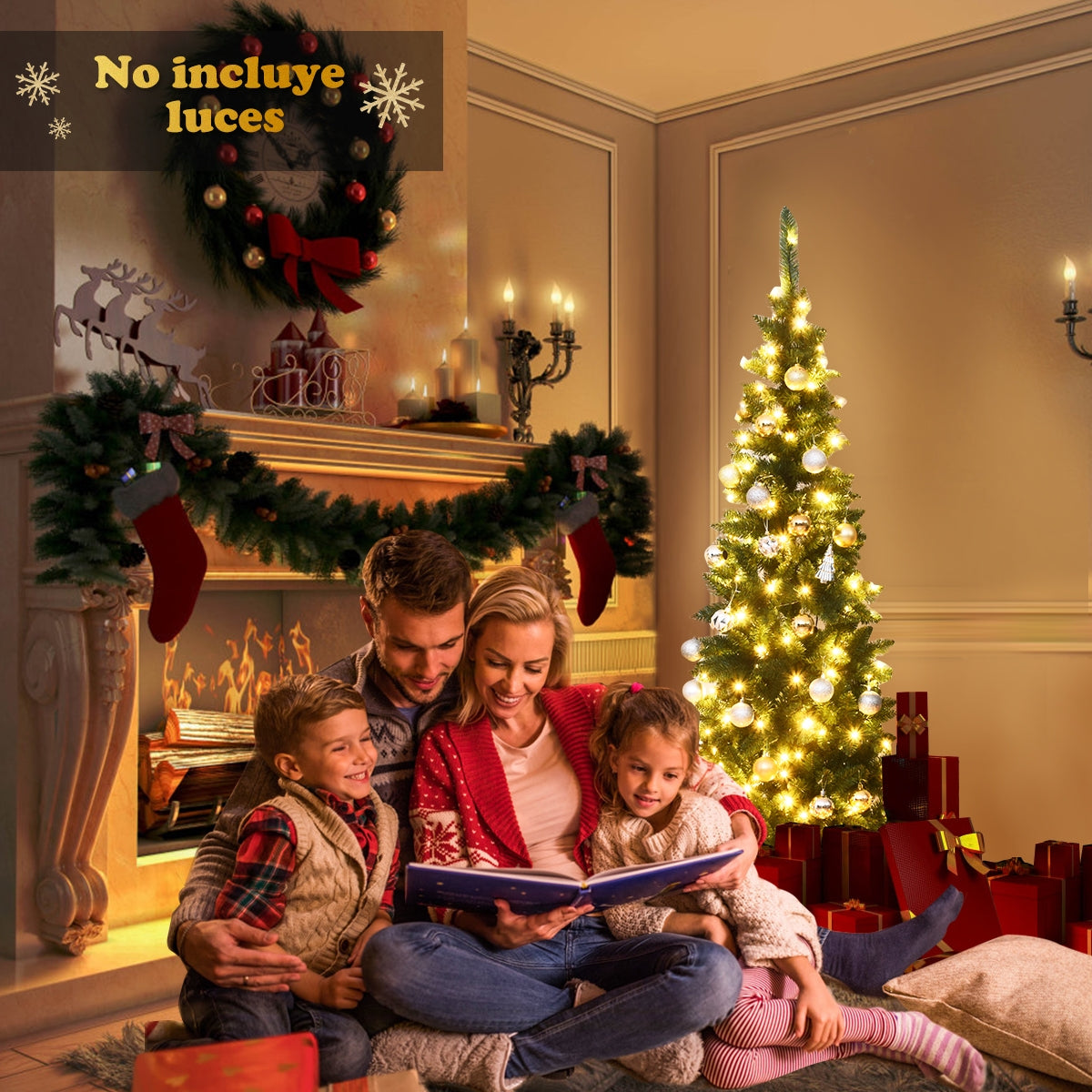 2m Árbol de Navidad Estrecho con 250 Luces LED Blanco Cálido Incorporadas Agujas en PVC de 708 Ramas Base de Metal para Hogar Interior