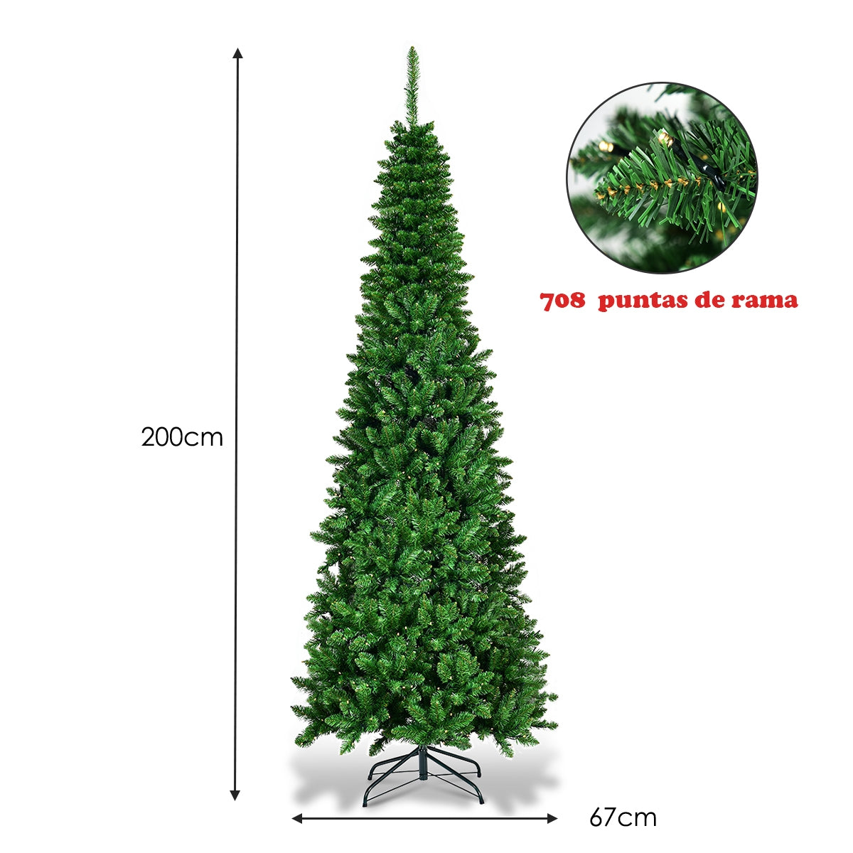 2m Árbol de Navidad Estrecho con 250 Luces LED Blanco Cálido Incorporadas Agujas en PVC de 708 Ramas Base de Metal para Hogar Interior