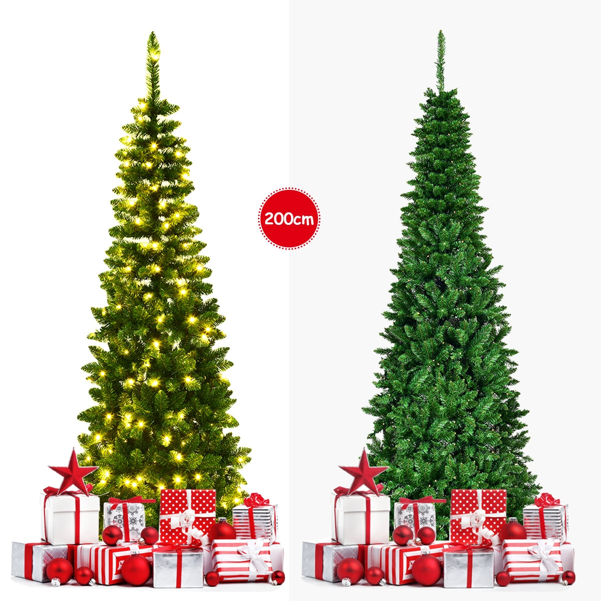 2m Árbol de Navidad Estrecho con 250 Luces LED Blanco Cálido Incorporadas Agujas en PVC de 708 Ramas Base de Metal para Hogar Interior