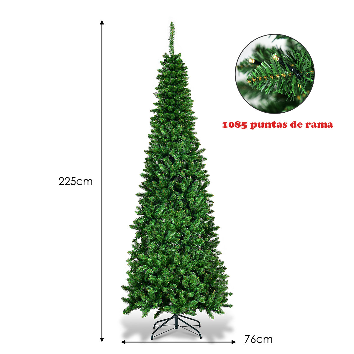 2,25m Árbol de Navidad Estrecho con 350 Luces LED Blanco Cálido Incorporadas Agujas en PVC de 1085 Ramas Base de Metal para Hogar Interior