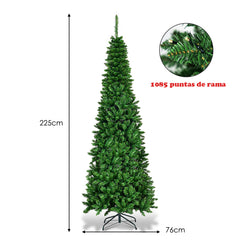 2,25m Árbol de Navidad Estrecho con 350 Luces LED Blanco Cálido Incorporadas Agujas en PVC de 1085 Ramas Base de Metal para Hogar Interior